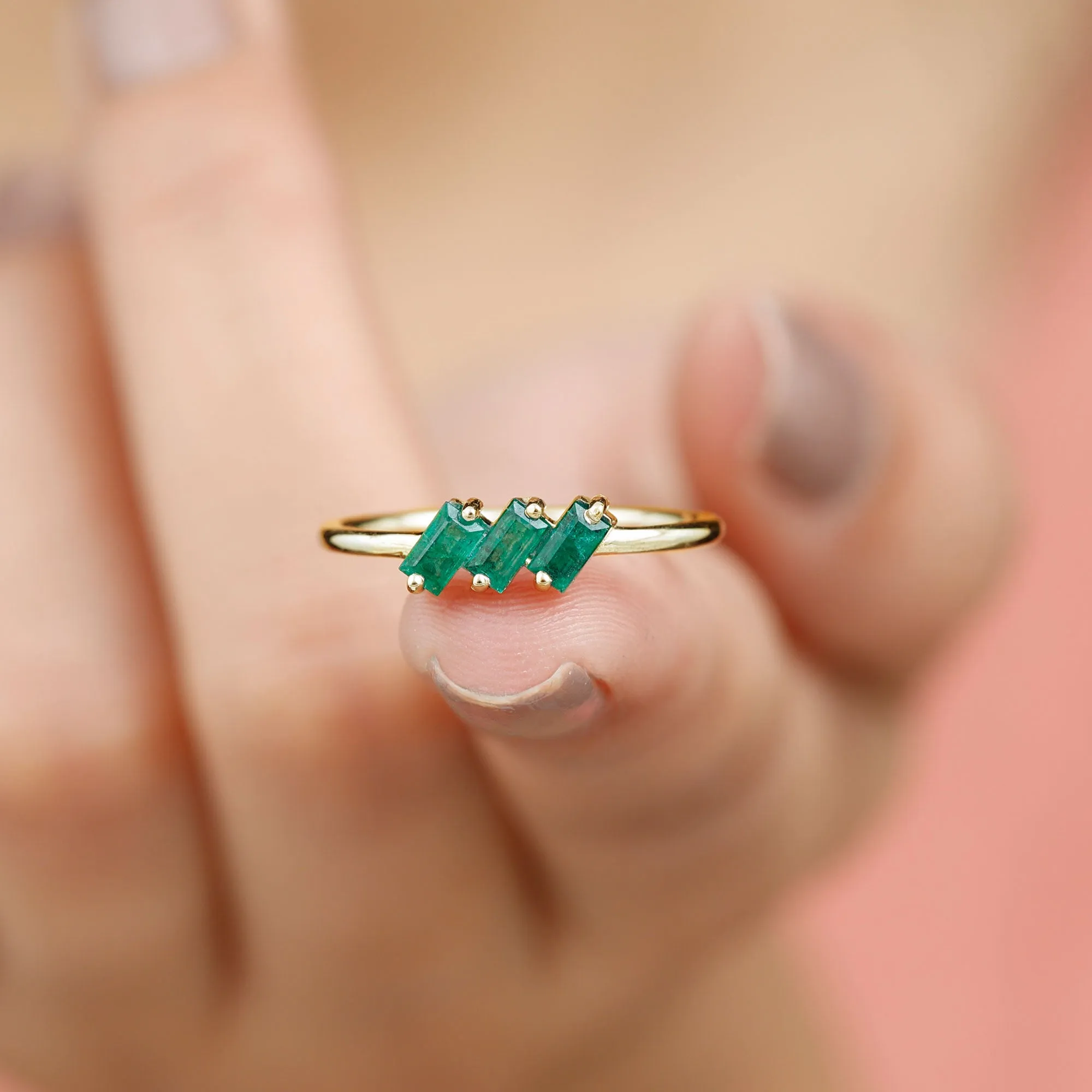 1/2 CT Baguette Cut 2 Prong Set Emerald Three Stone Ring