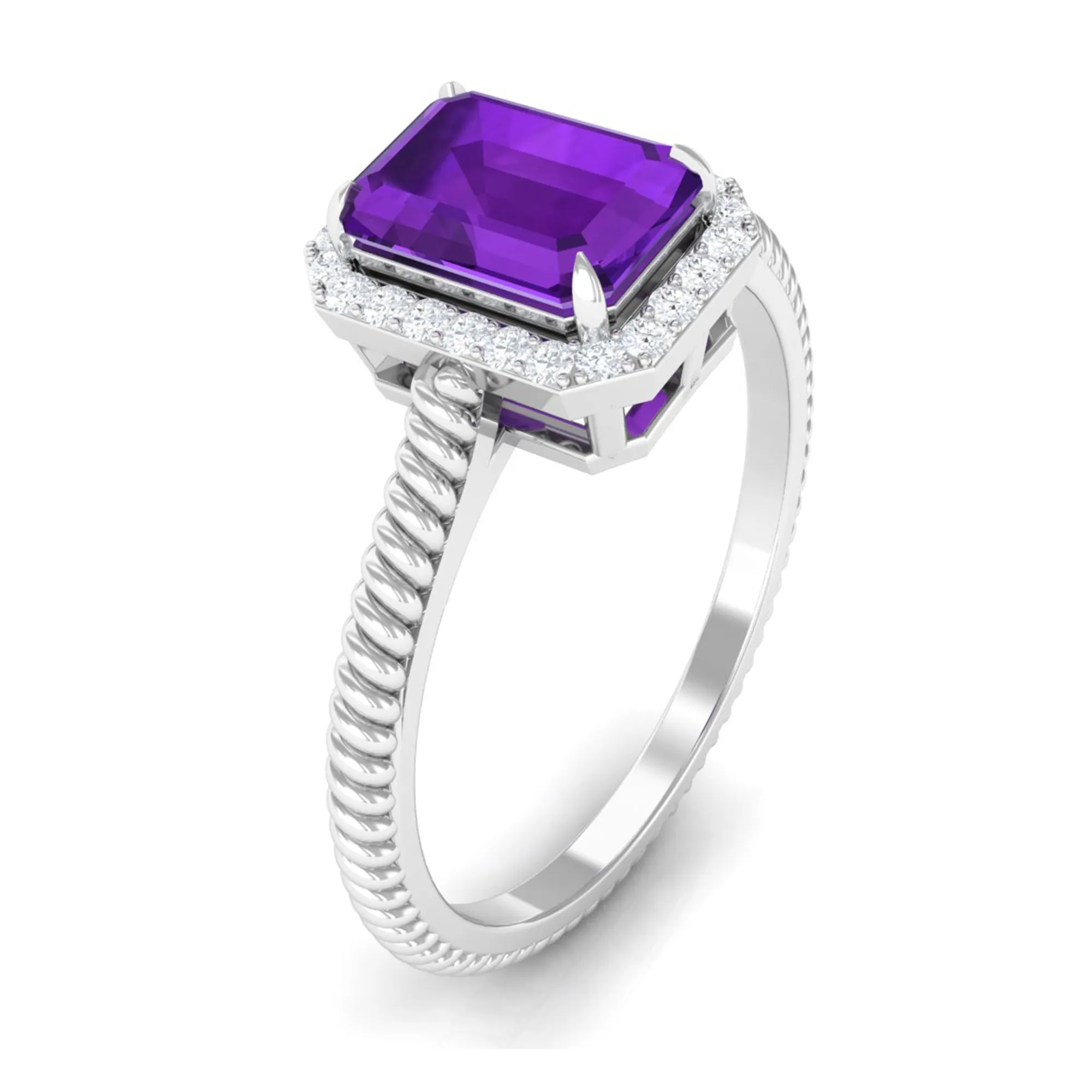 1.5 CT Octagon Cut Amethyst Solitaire Engagement Ring with Diamond Halo