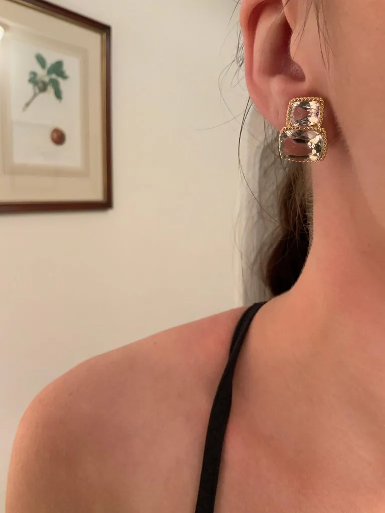 18kt Yellow Gold Medium Cushion Cut Earring with Rope Twist Border with Iolite and Blue Topaz