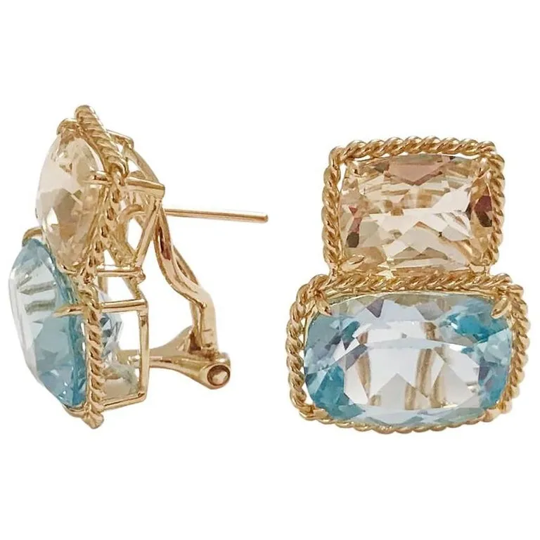 18kt Yellow Gold Medium Cushion Cut Earring with Rope Twist Border with Iolite and Blue Topaz