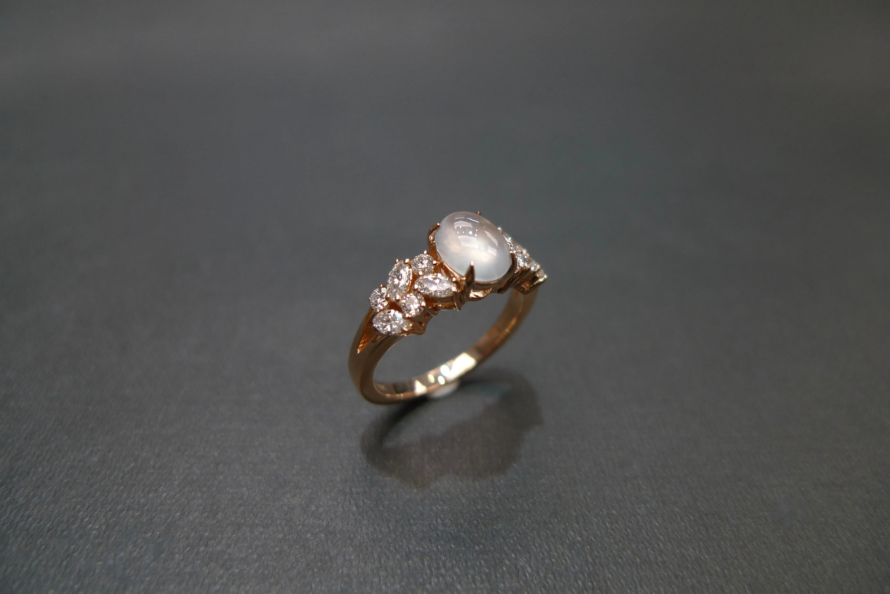 Certified Icy White Jade and Diamond Ring in Rose Gold