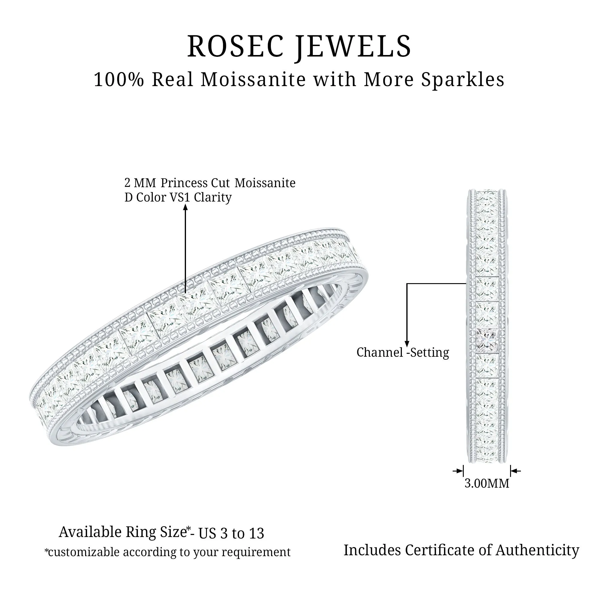 Channel Set Princess Cut Moissanite Eternity Band Ring with Beaded Gold
