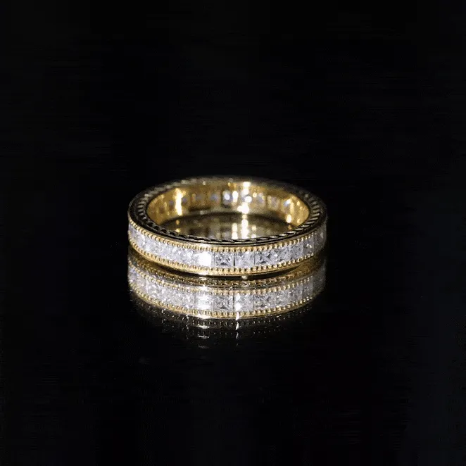 Channel Set Princess Cut Moissanite Eternity Band Ring with Beaded Gold