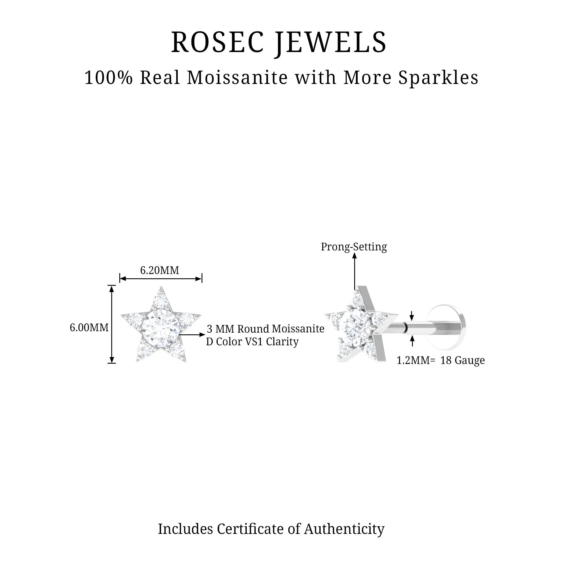 Dainty Certified Moissanite Star Cartilage Earring
