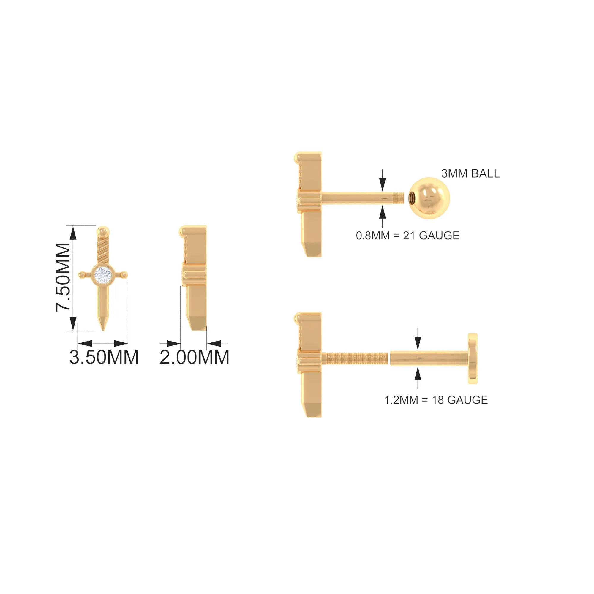 Dainty Diamond Sword Earring for Cartilage Piercing