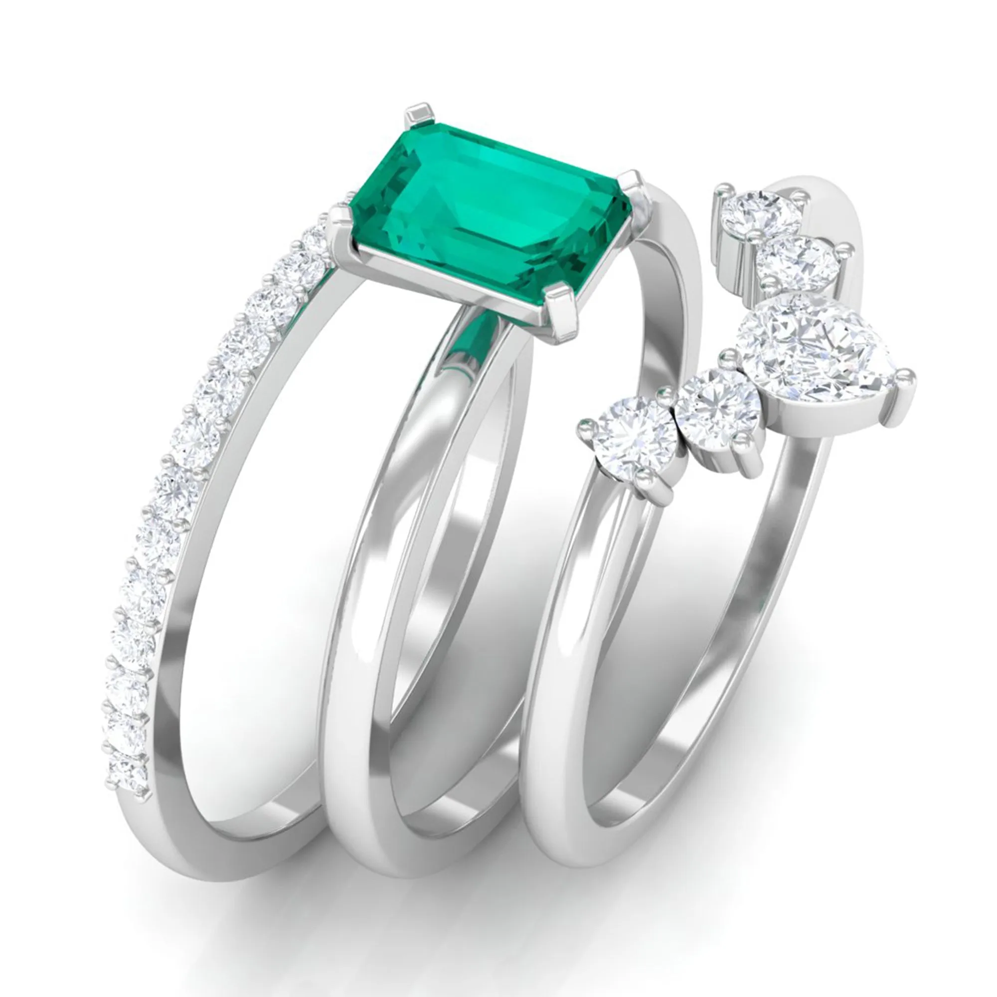 Emerald and Diamond Trio Engagement Ring Set