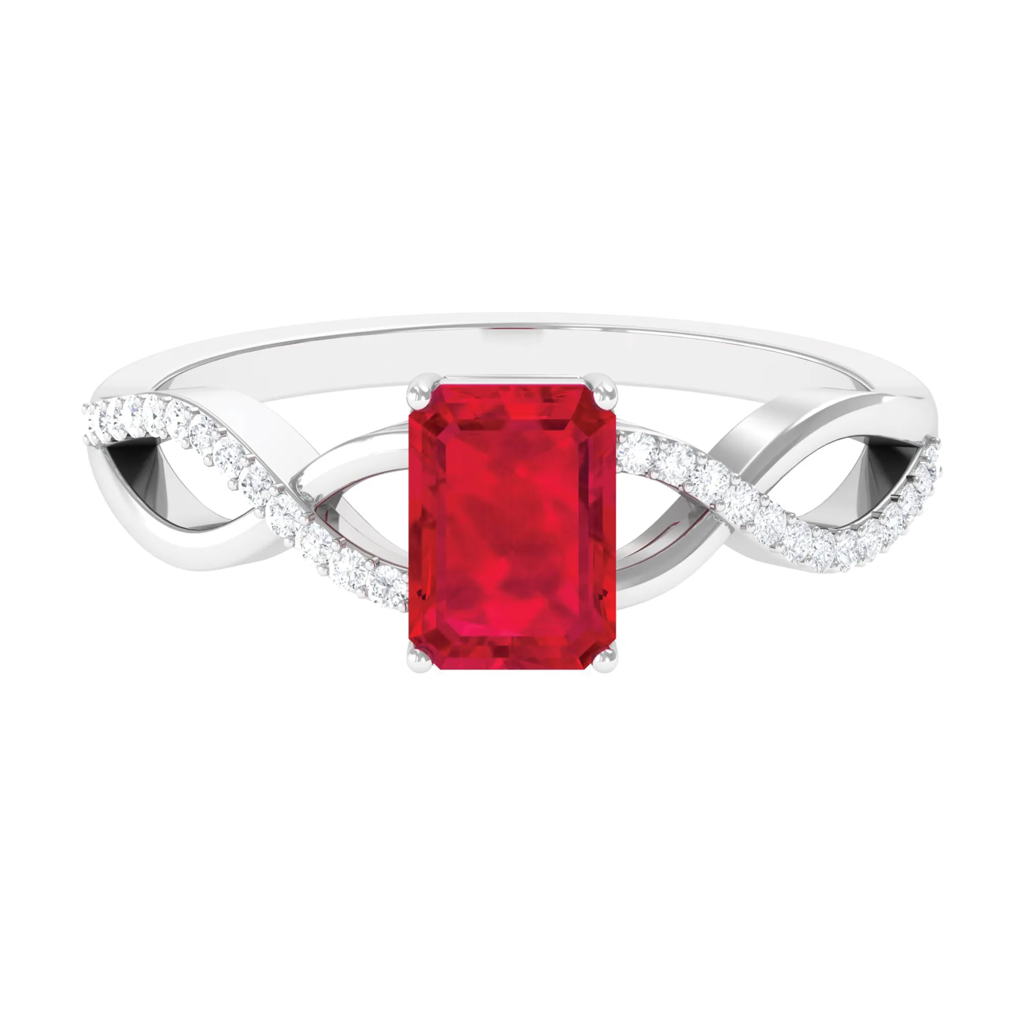 Emerald Cut Created Ruby and Diamond Crossover Engagement Ring