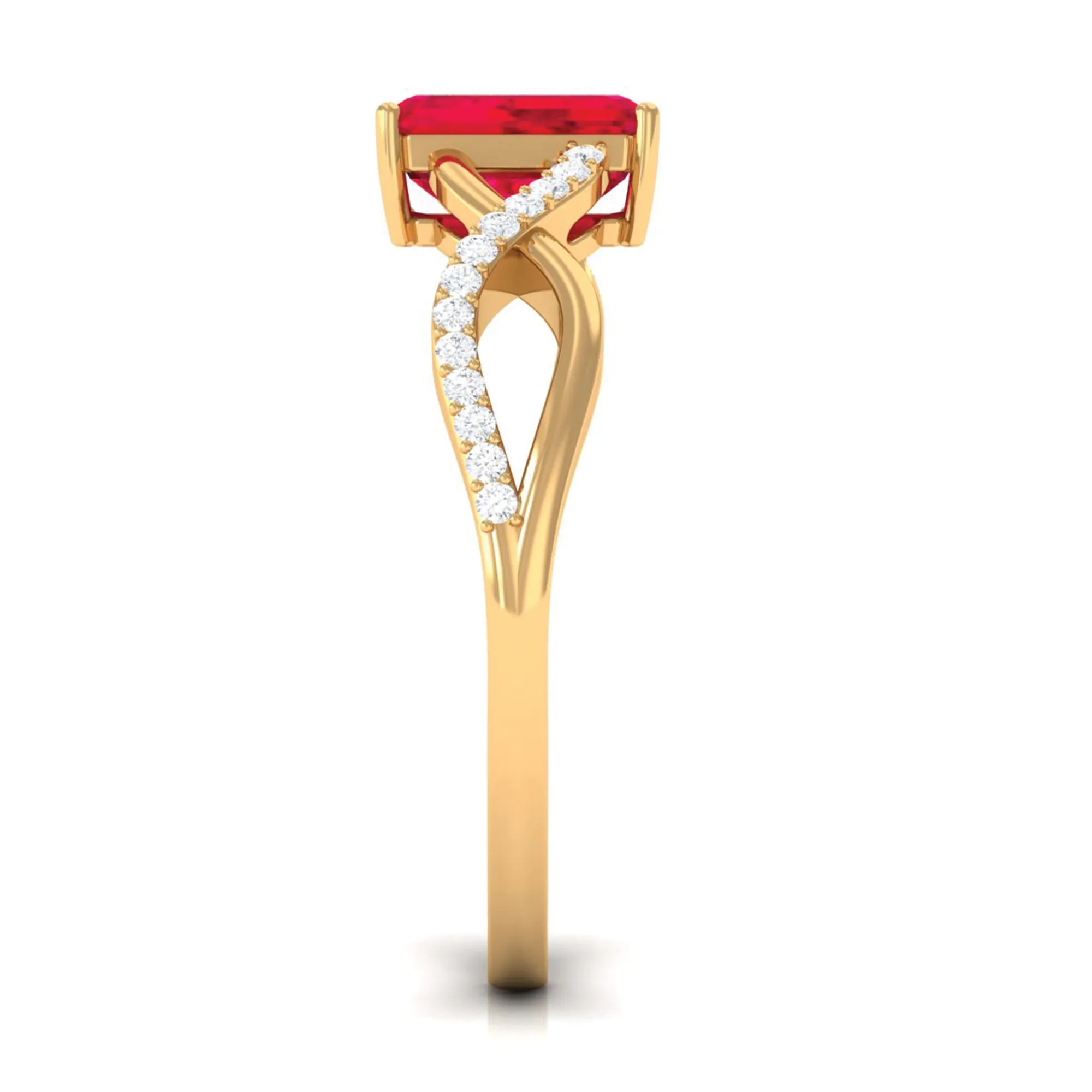 Emerald Cut Created Ruby and Diamond Crossover Engagement Ring