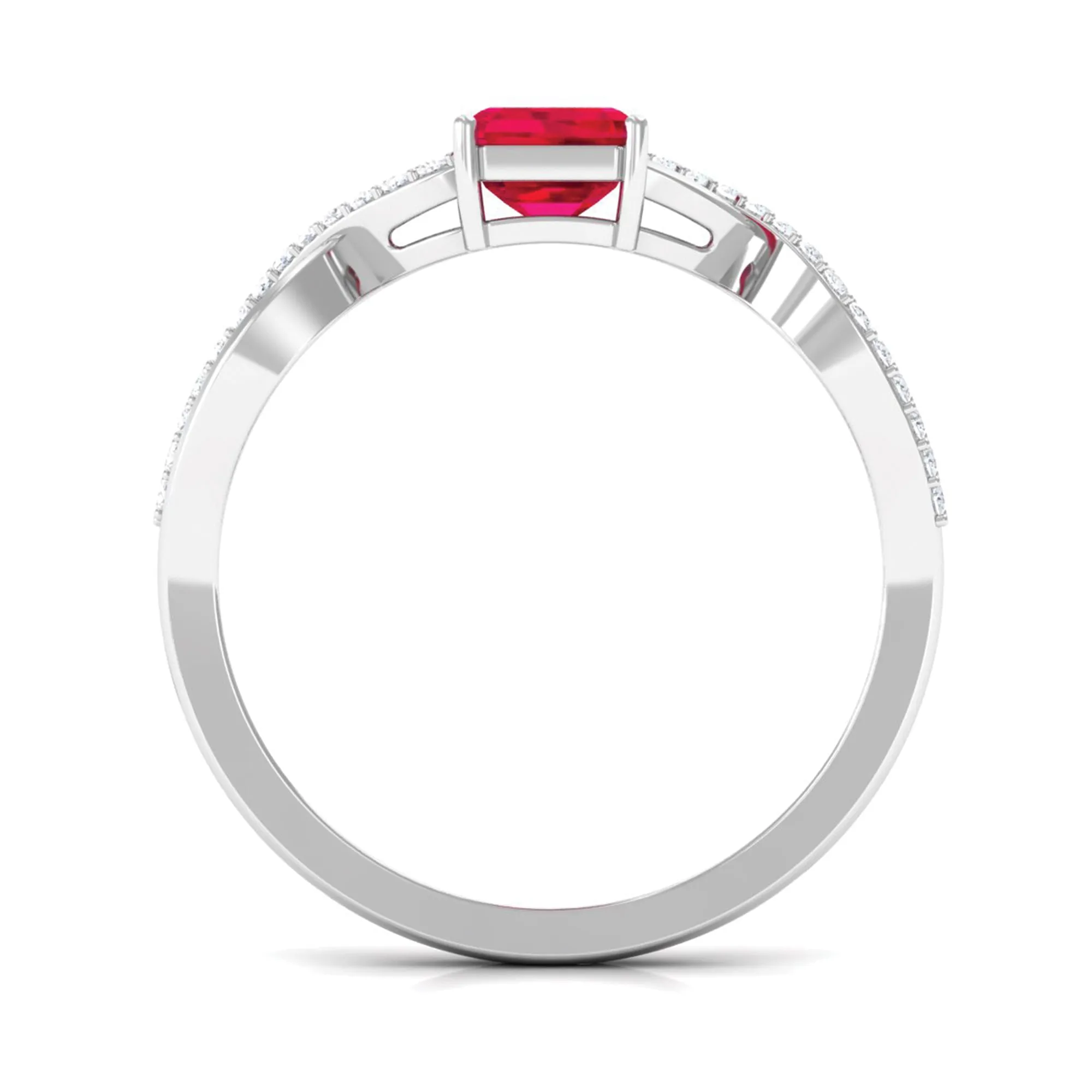 Emerald Cut Created Ruby and Diamond Crossover Engagement Ring