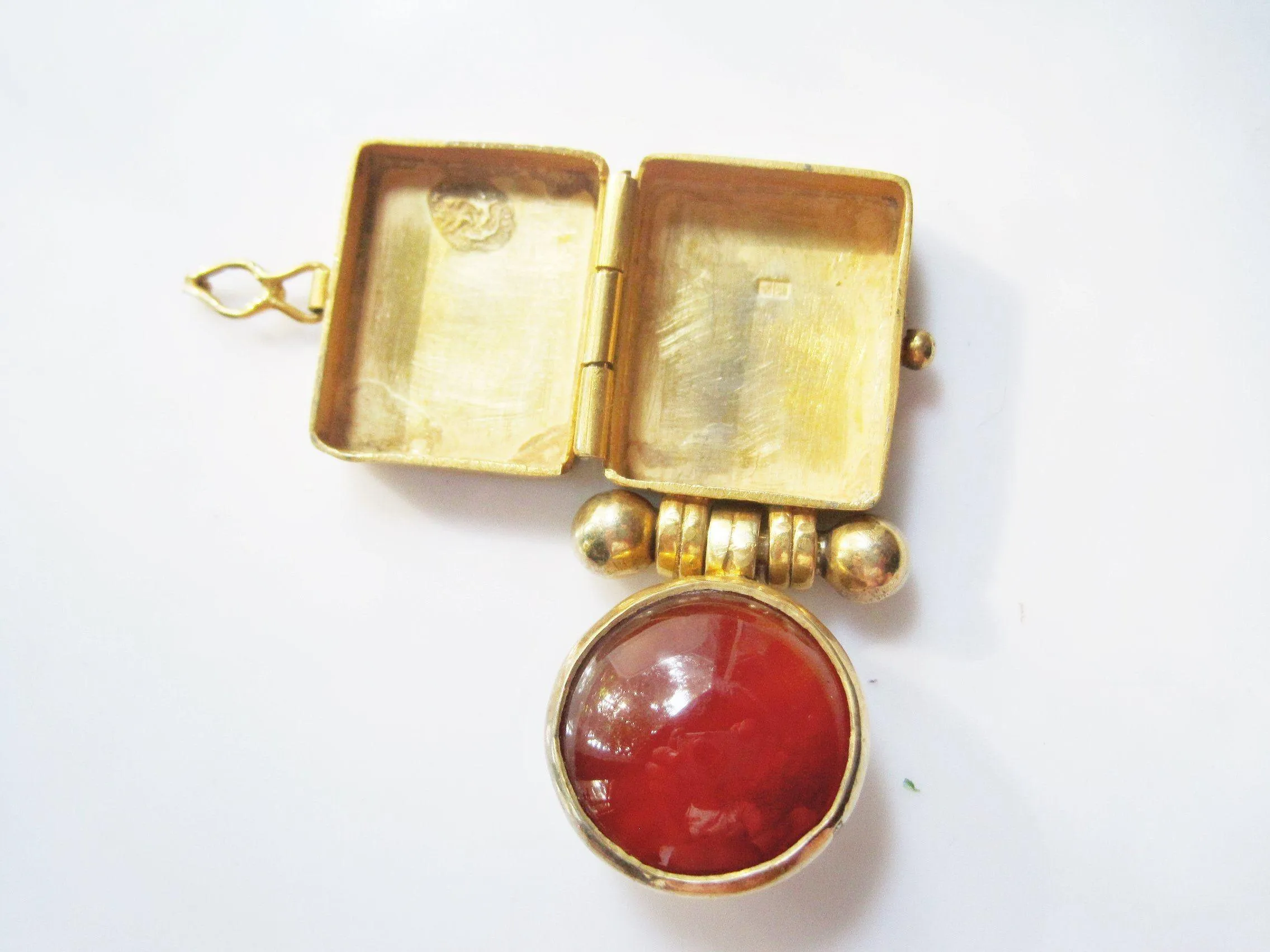 Gold Plated Silver and Carnelian MashAllah Egyptian Pendant with Secret Compartment