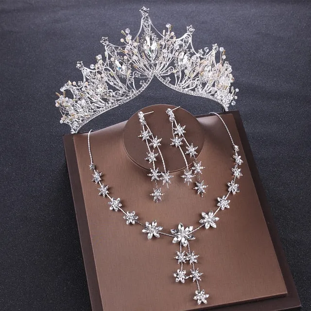 Luxury Heart Crystal Bridal Jewelry Sets Wedding Cubic Zircon Crown Tiaras Earring Choker Necklace Set