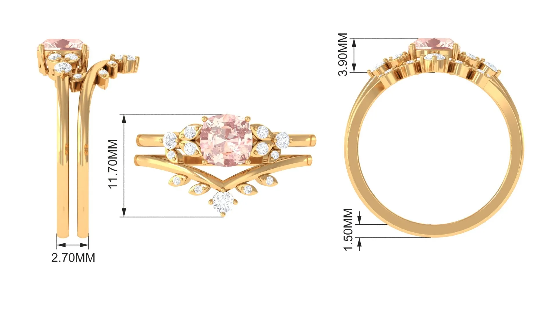 Morganite and Diamond Ring Set with Leaf Motif