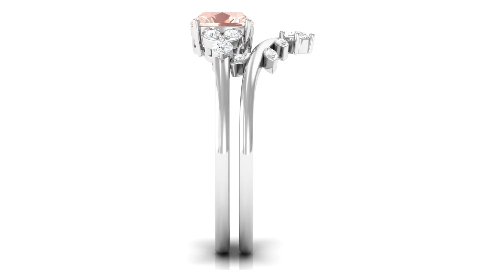 Morganite and Diamond Ring Set with Leaf Motif