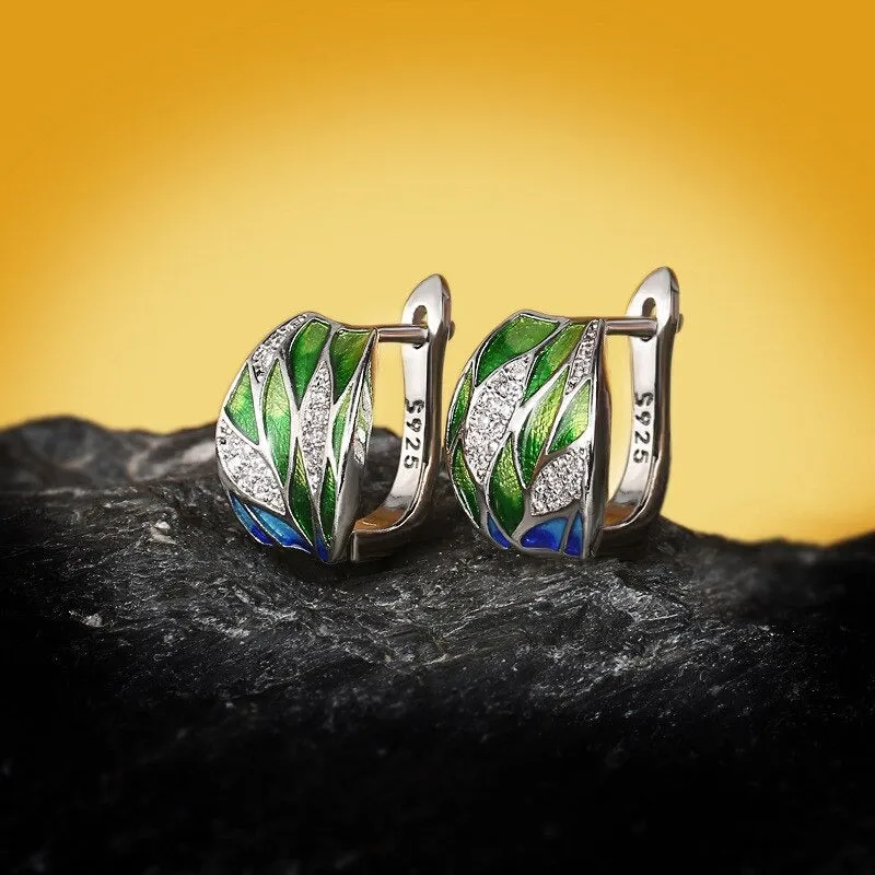 Nature-Inspired Leaf Shape Enamel Zircon Earrings