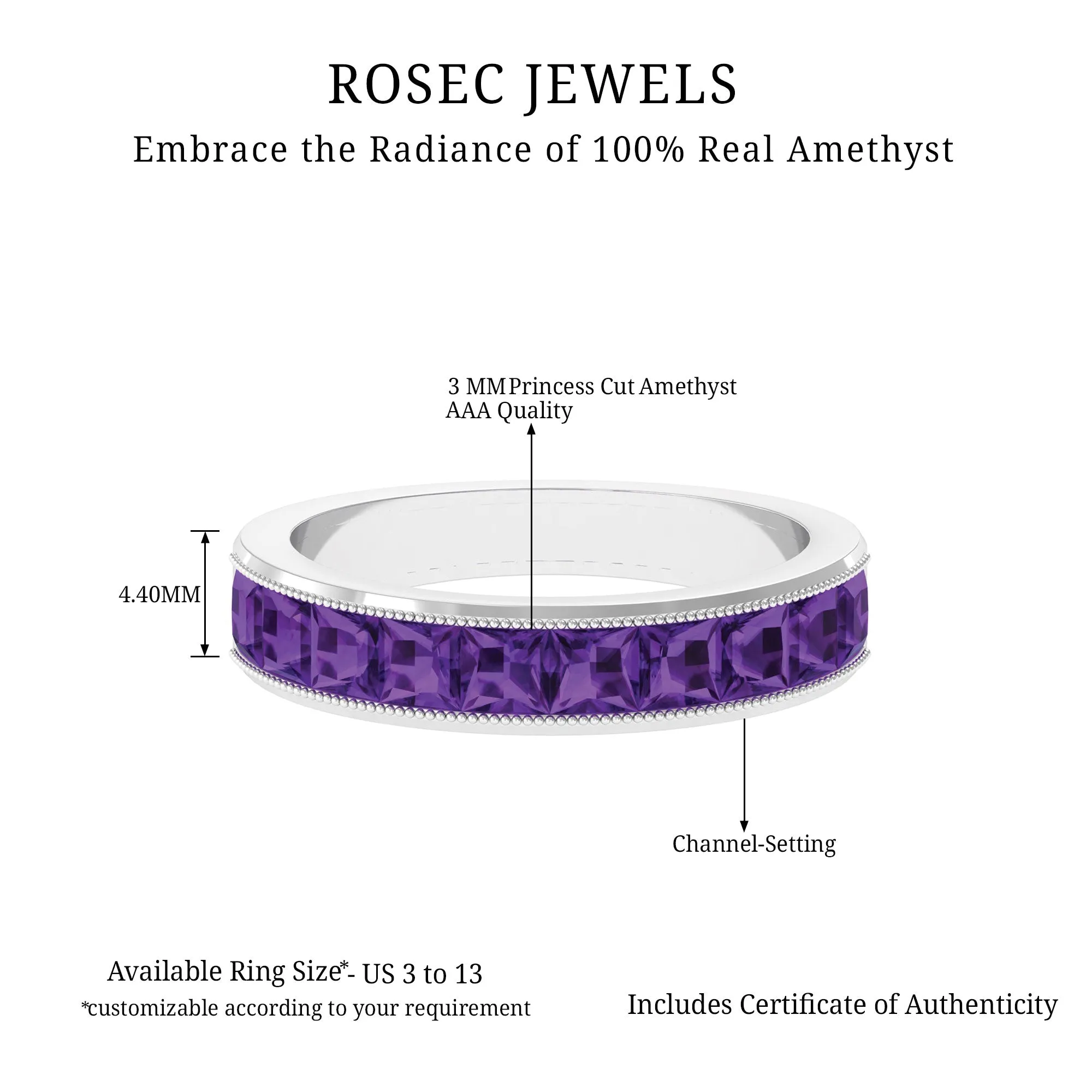 Princess Cut Amethyst Half Eternity Band Ring with Beads