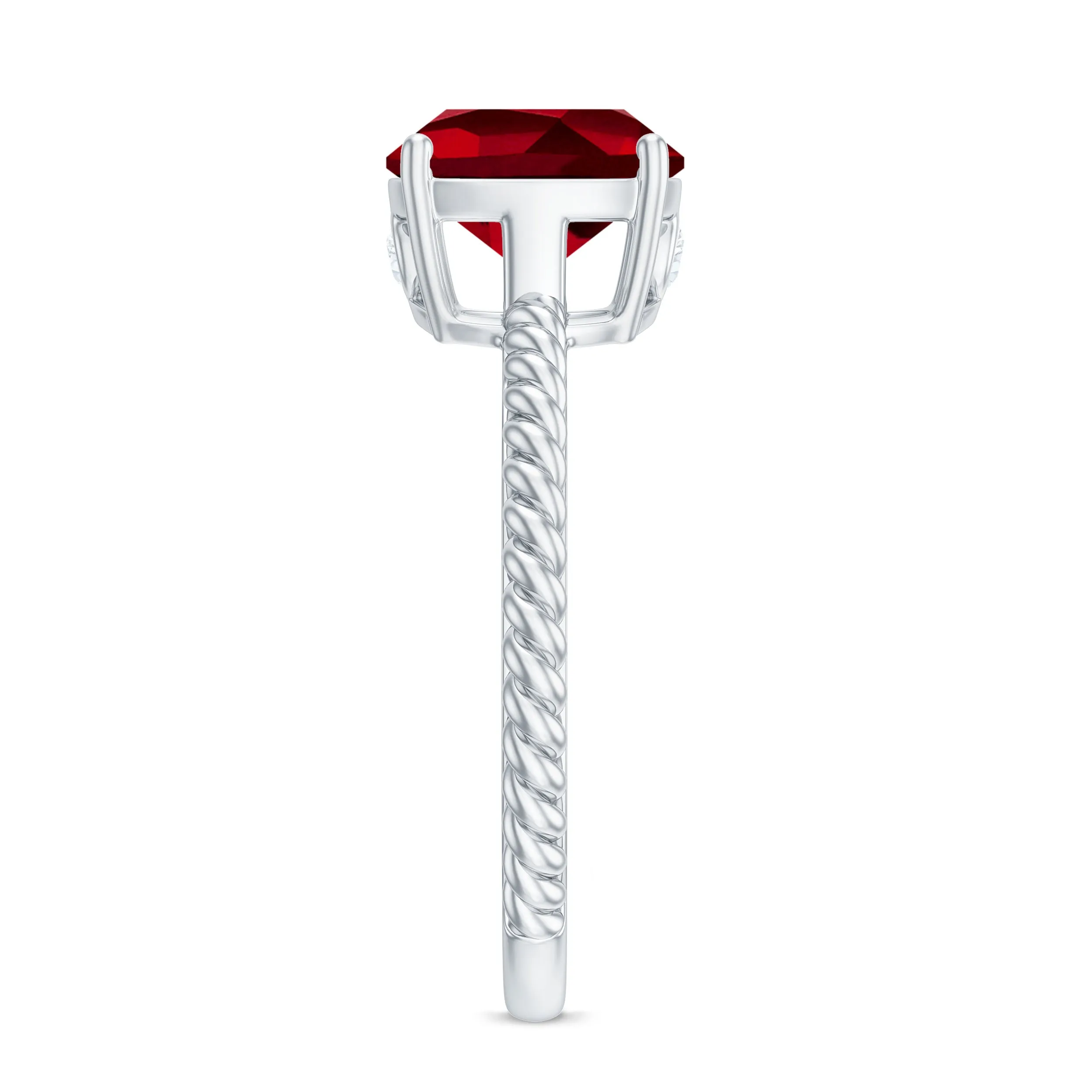 Solitaire Created Ruby and Diamond Ring with Twisted Rope Detailing