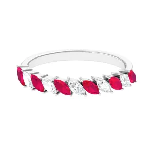 Tilted Half Eternity Ring with Marquise Shape Ruby and Diamond