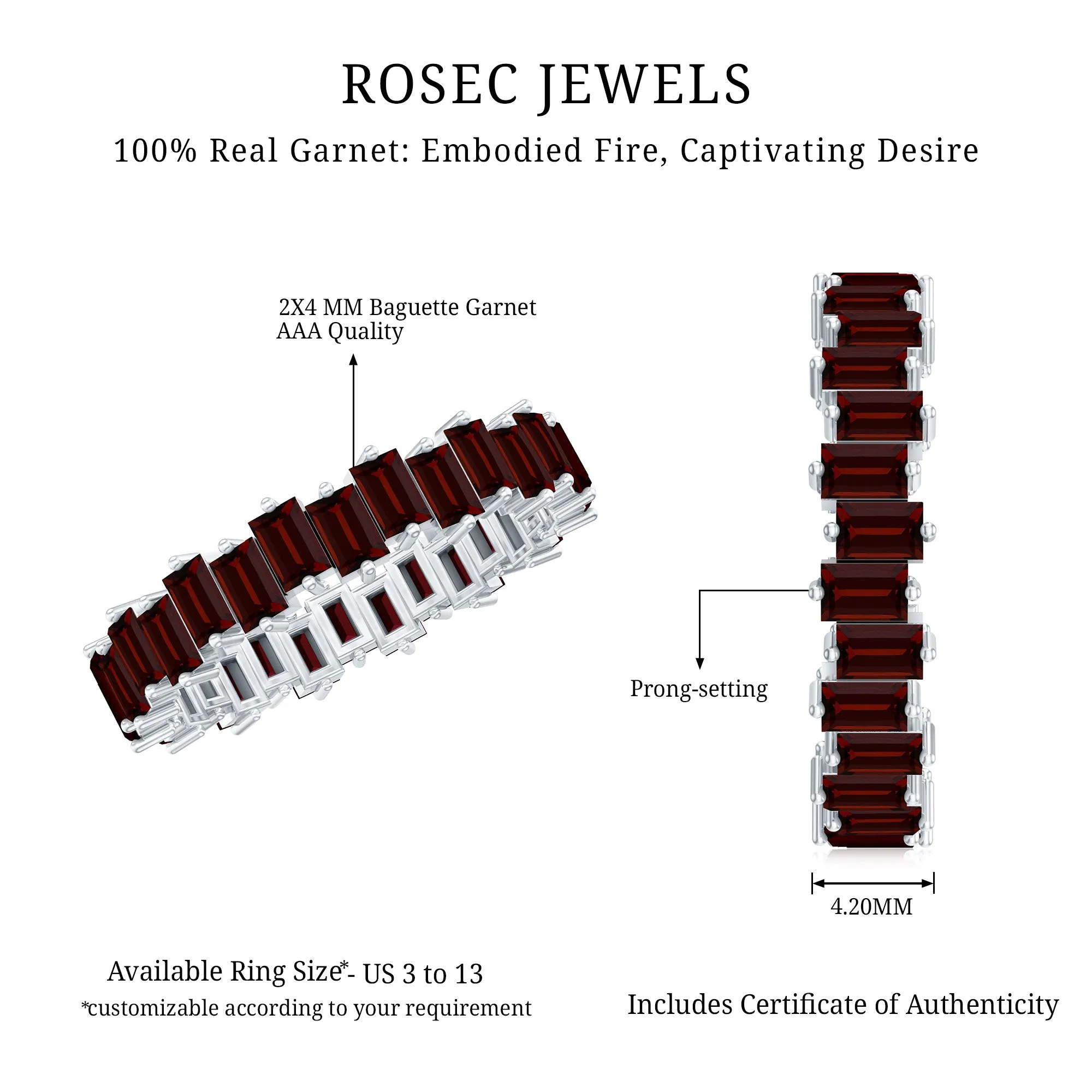 Uneven Baguette Cut Garnet Eternity Ring in 2 Prong Setting