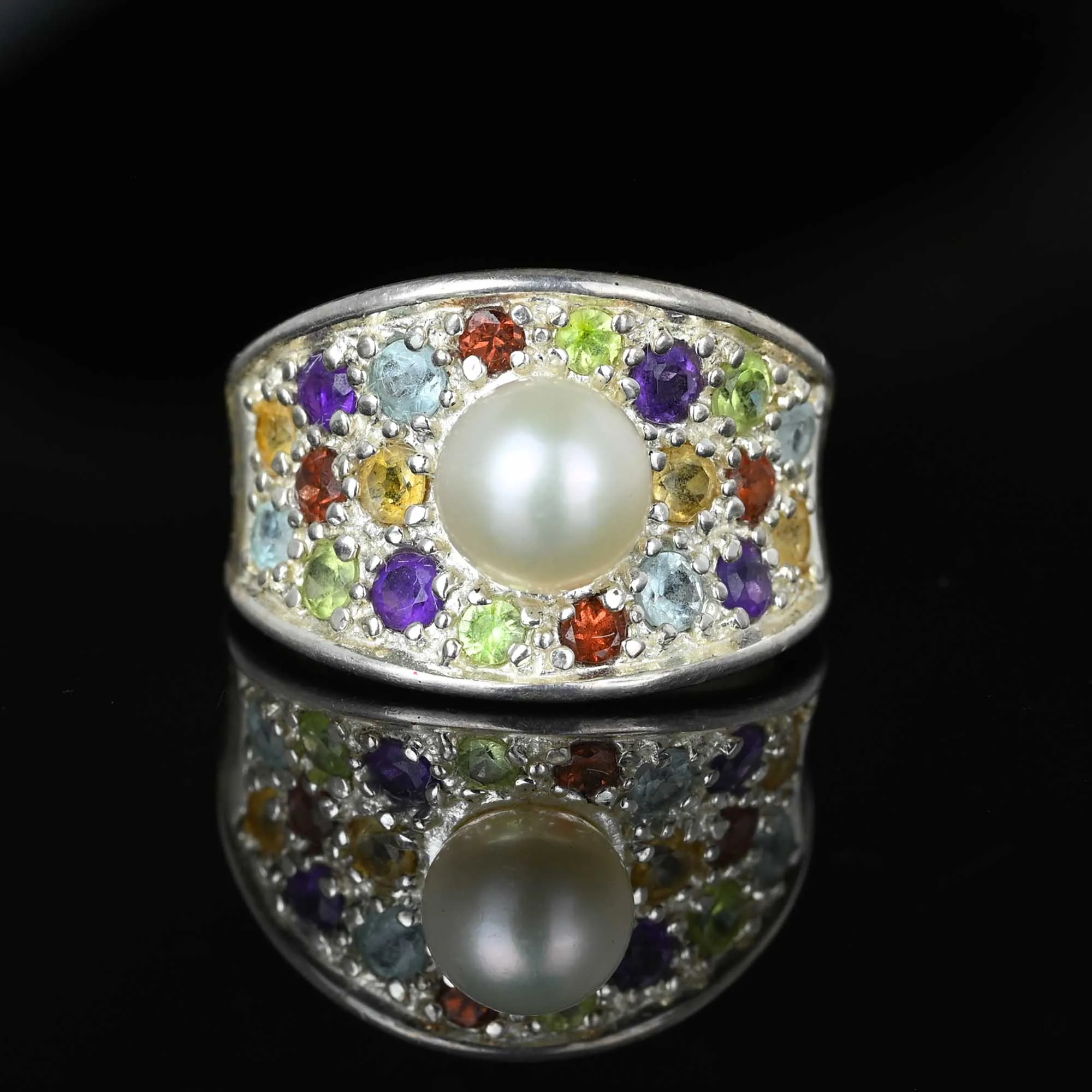Wide Silver Multi Gemstone Pearl Ring Band, Harlequin Style
